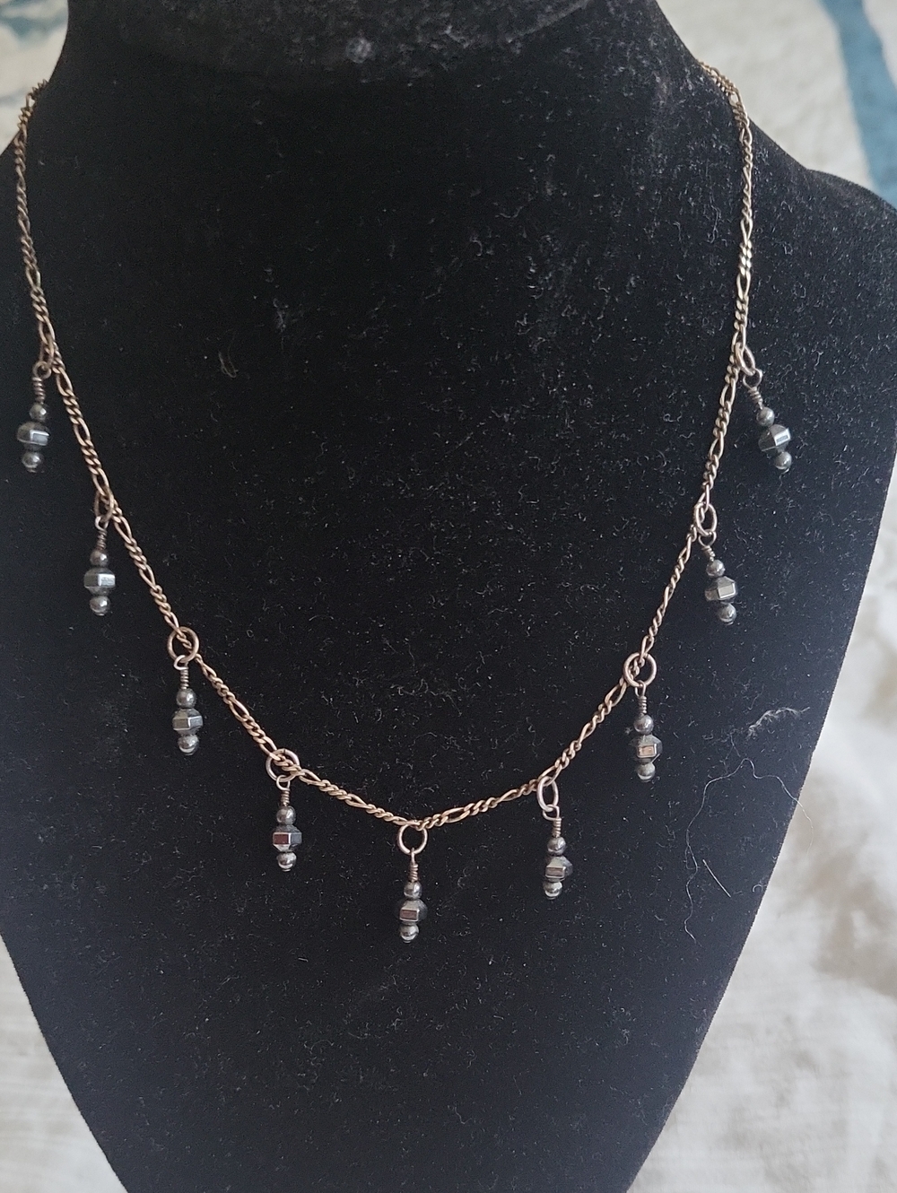 Delicate Silver-Tone Chain Necklace with Hematite Bead Drops